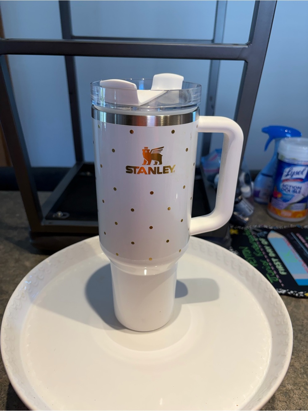 Stanley White Travel Mug with Gold Dot Accents and Handle